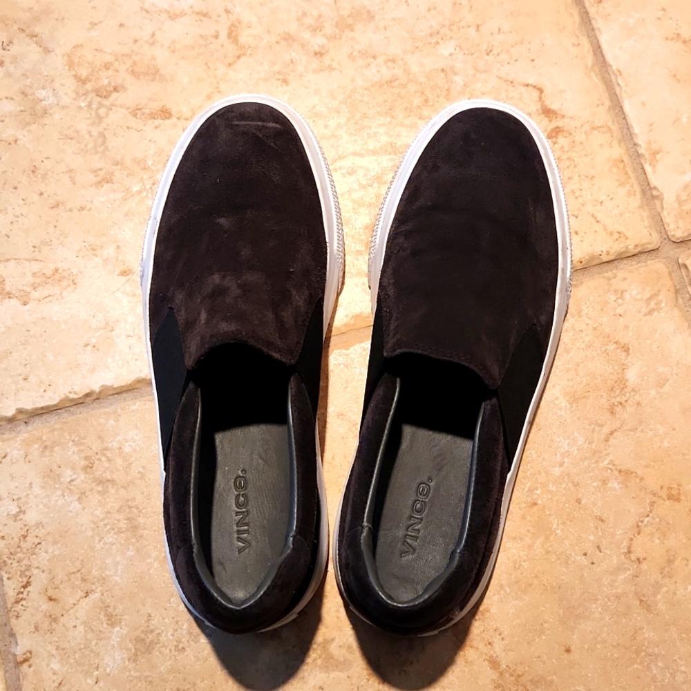 VINCE dark brown suede slip on sneakers